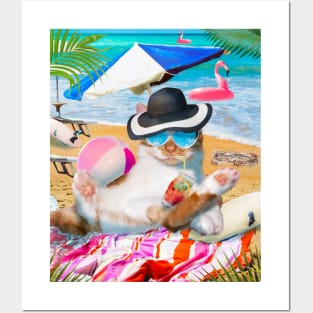 Beach Kitty Cat Wearing Sunglasses Drinking Posters and Art